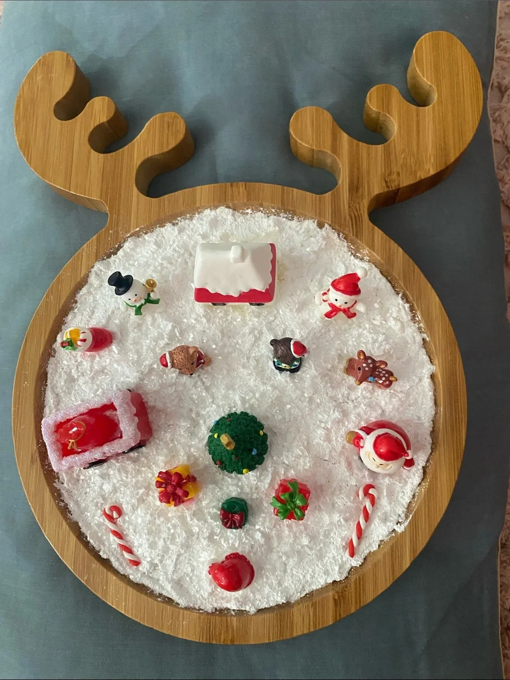 Holiday Reindeer Decorative Snow Tray with Red and Green Miniatures